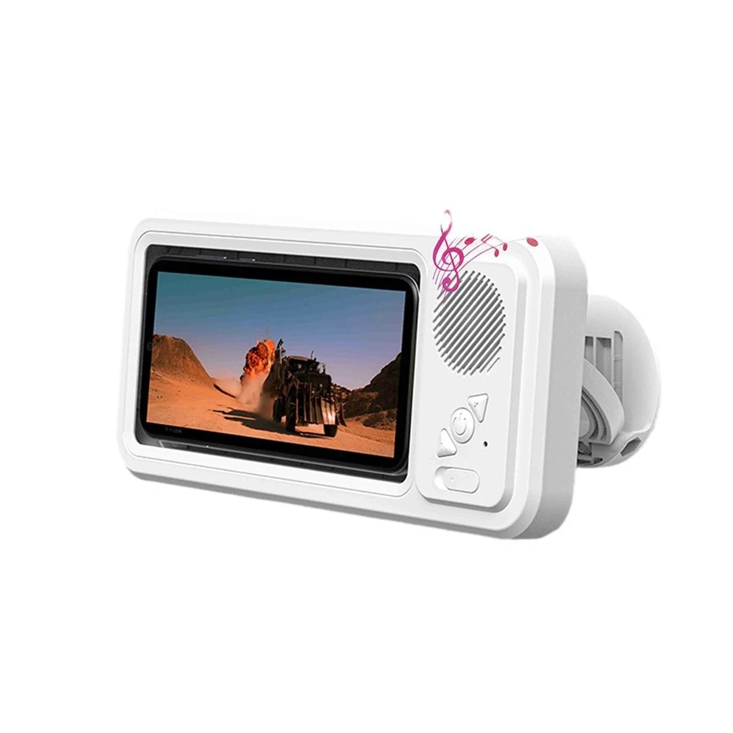 Car dashboard camera with screen displaying a desert scene, on a white background
