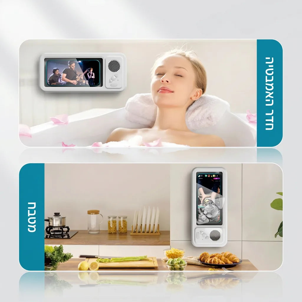 Woman in a bathtub with a screen displaying video calls, followed by a kitchen scene with the same screen.