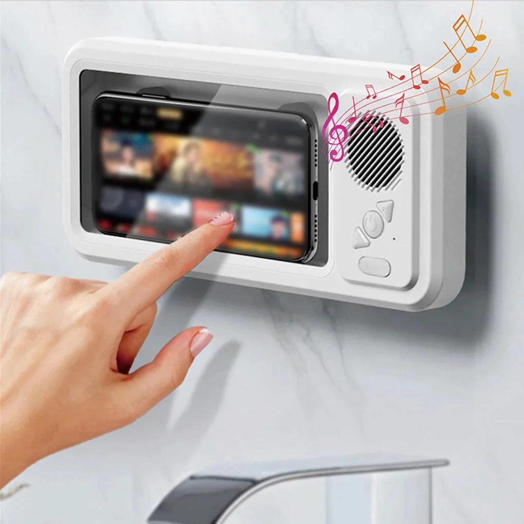Hand interacting with a digital display on a wall-mounted device with music notes above.
